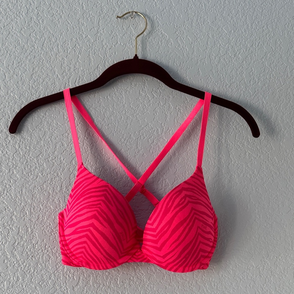 PINK Victoria's Secret Hot Pink Zebra Print Bra 34C Wear Everywhere Push-Up